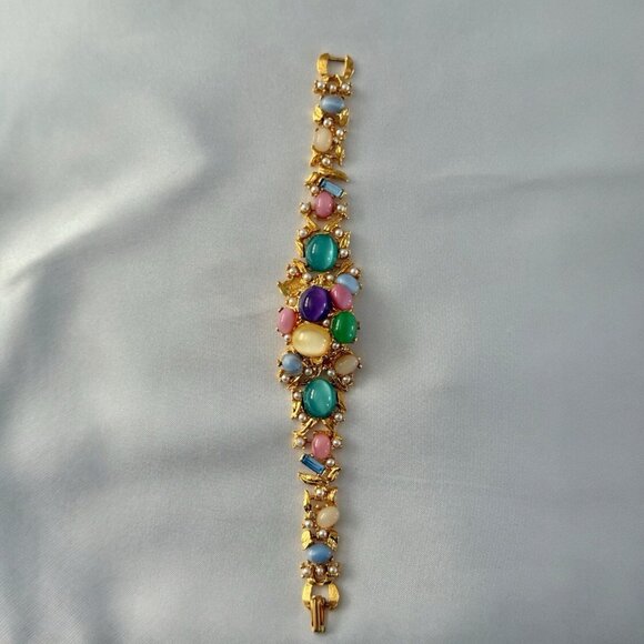 SPATZ Goldtone Multicolor Moonstone Cabochon Hidden Watch Bracelet - Picture 2 of 9